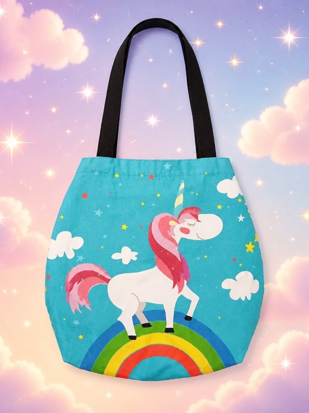Kids Unicorn Rainbow Tote Bag - Turquoise with Black Handles